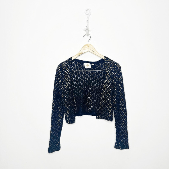 y2k ANTHROPOLOGIE Monogram sequined Cardigan Womens M cropped metallic open - Picture 1 of 8